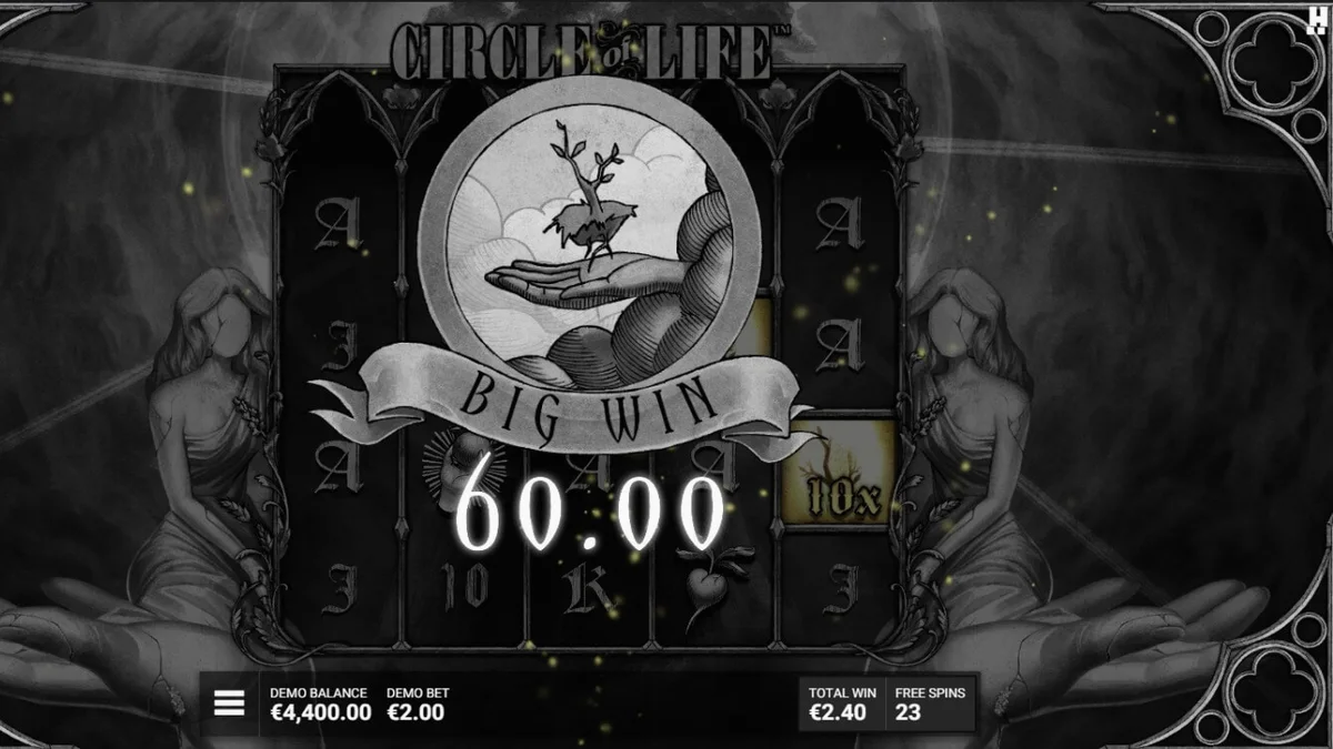 Visual monocromático e artístico do slot Circle of Life com a Árvore da Vida em destaque.